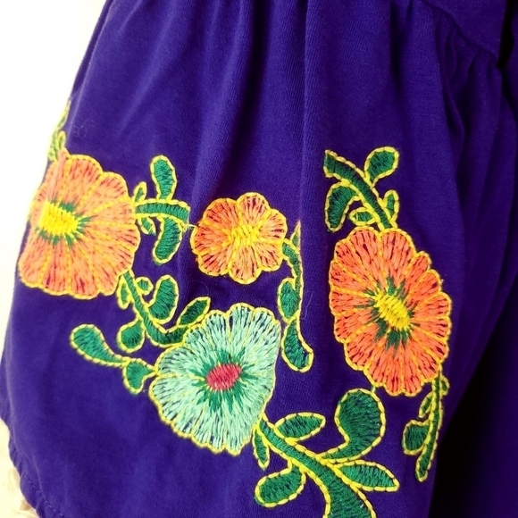 UMGEE M Boho Peasant Top Tassels Flower Stitched Embroidery Blue Bell Sleeves - Picture 10 of 11